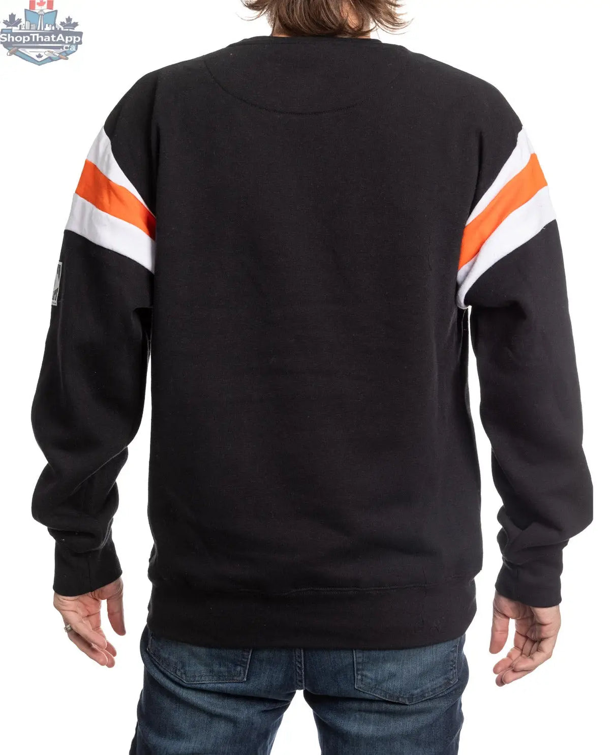 Philadelphia Flyers varsity crewneck sweater by Calhoun Surf N' Skate, featuring retro style and Flyers team logo on the front.