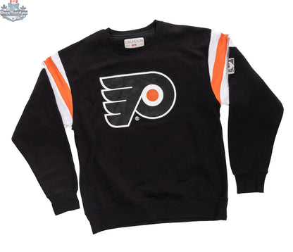 Philadelphia Flyers varsity crewneck sweater by Calhoun Surf N' Skate, featuring retro style with Flyers logo and team colors.