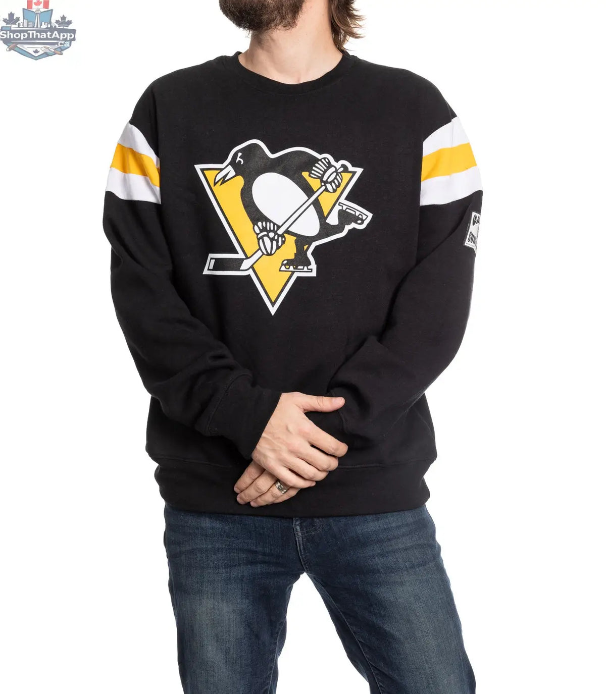 Calhoun Surf N' Skate Pittsburgh Penguins retro varsity crewneck sweater with team logo and classic design.