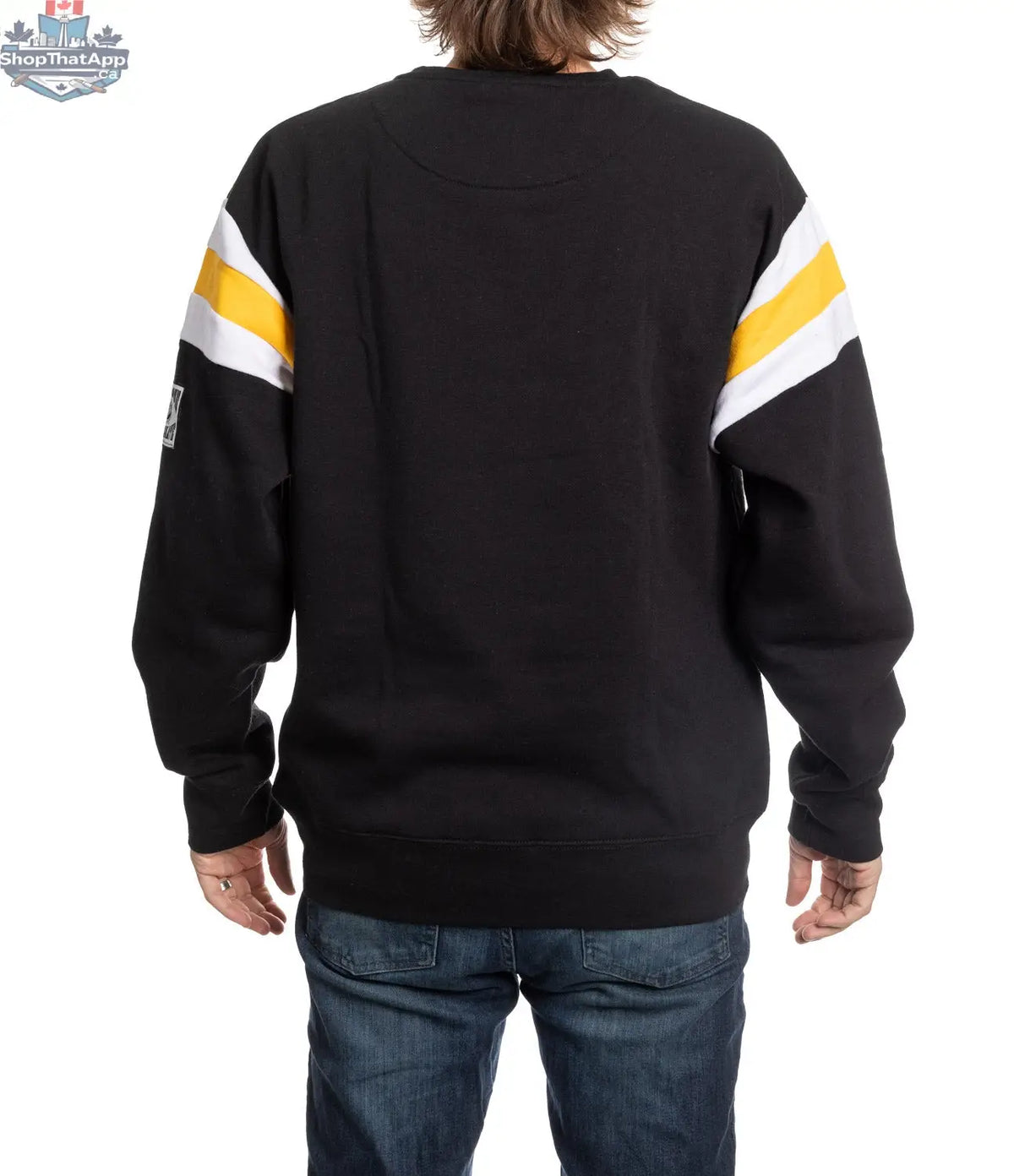 Black Pittsburgh Penguins crewneck sweater in retro varsity style by Calhoun Surf N' Skate, featuring team logo and athletic design.
