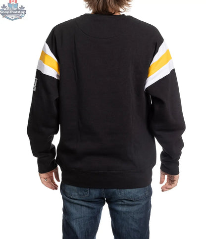 Black Pittsburgh Penguins crewneck sweater in retro varsity style by Calhoun Surf N' Skate, featuring team logo and athletic design.