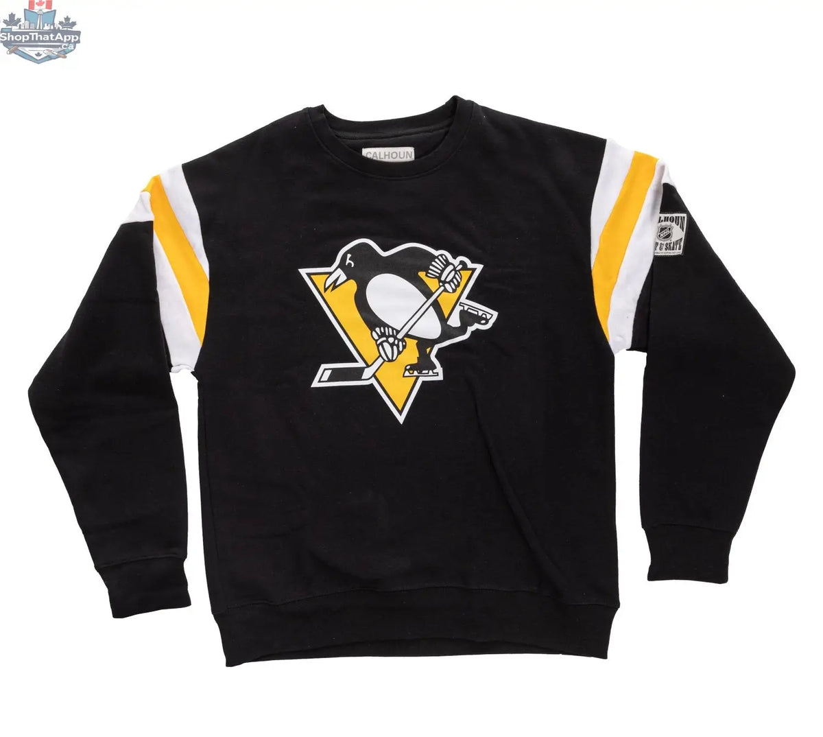 Calhoun Surf N' Skate Pittsburgh Penguins retro varsity crewneck sweater with team logo and classic varsity style.