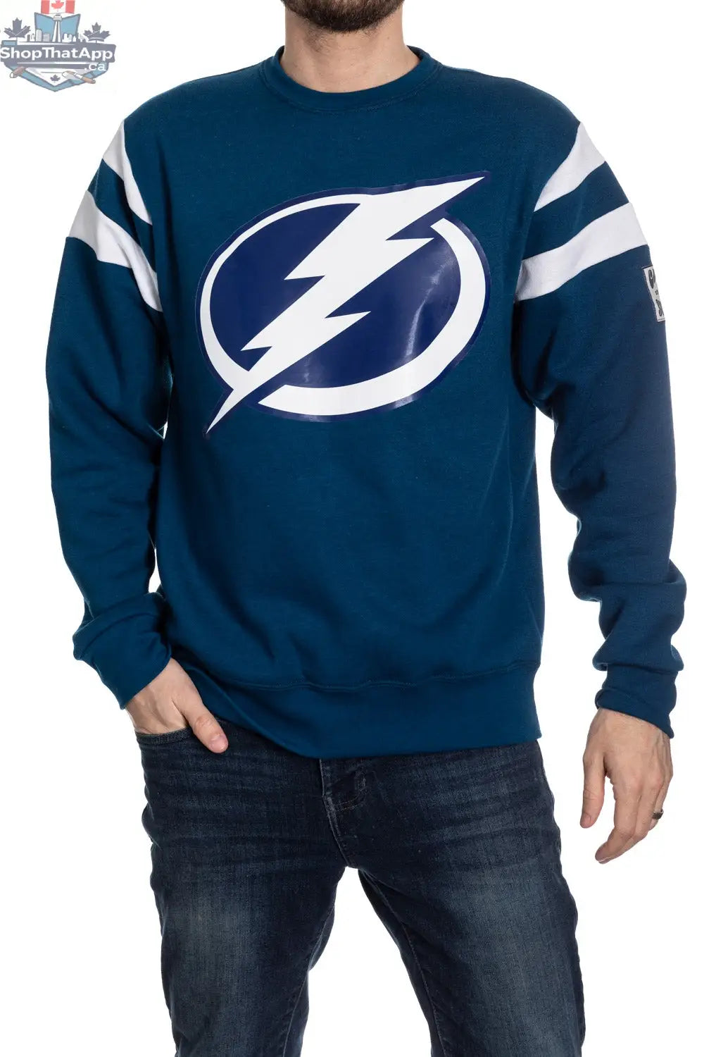 Calhoun Surf N' Skate Tampa Bay Lightning retro varsity crewneck sweatshirt, front view showing team logo and classic design.