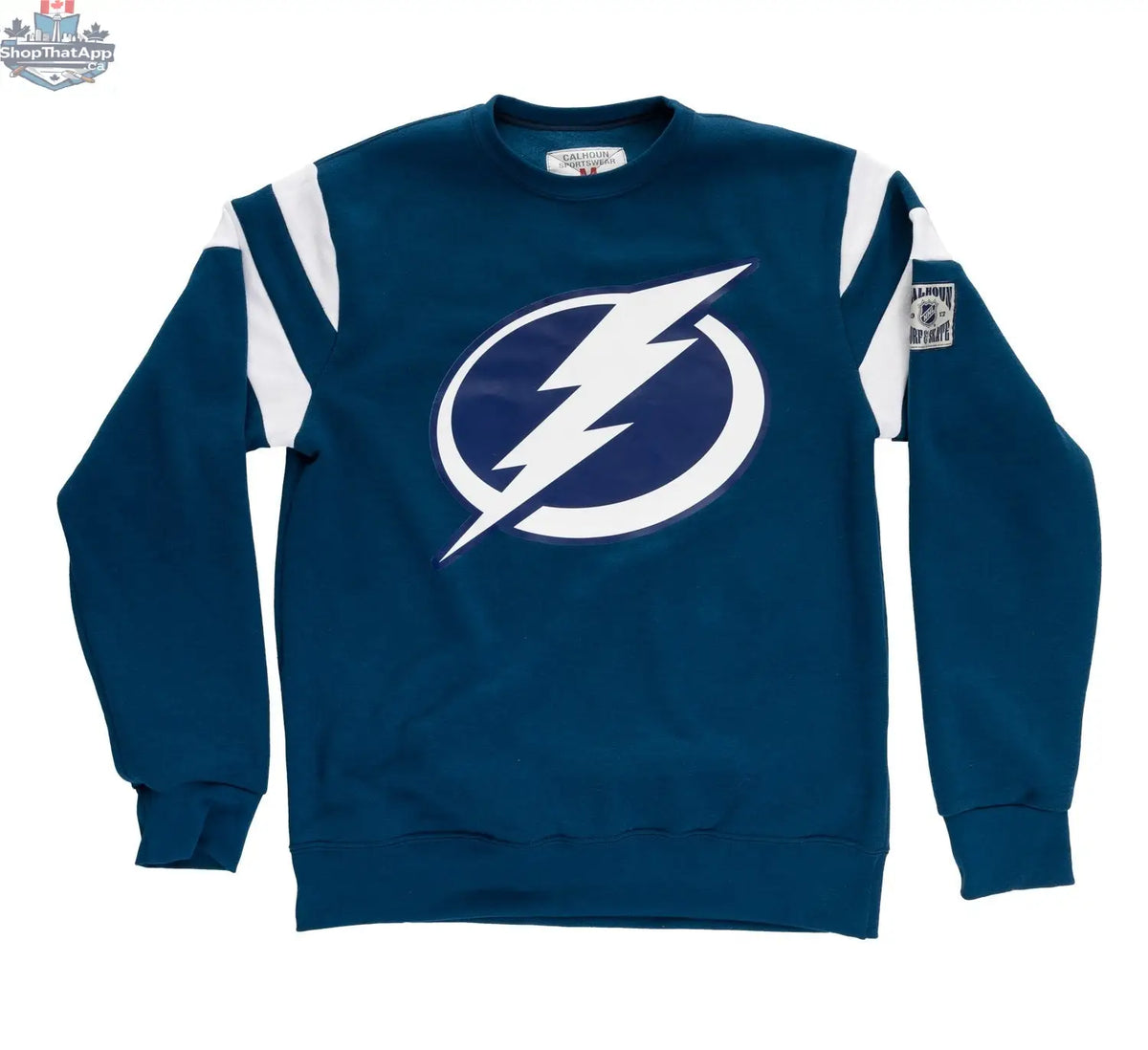 Retro Tampa Bay Lightning crewneck sweatshirt by Calhoun Surf N' Skate featuring team logo and vintage varsity design.