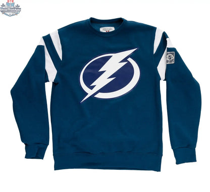 Retro Tampa Bay Lightning crewneck sweatshirt by Calhoun Surf N' Skate featuring team logo and vintage varsity design.