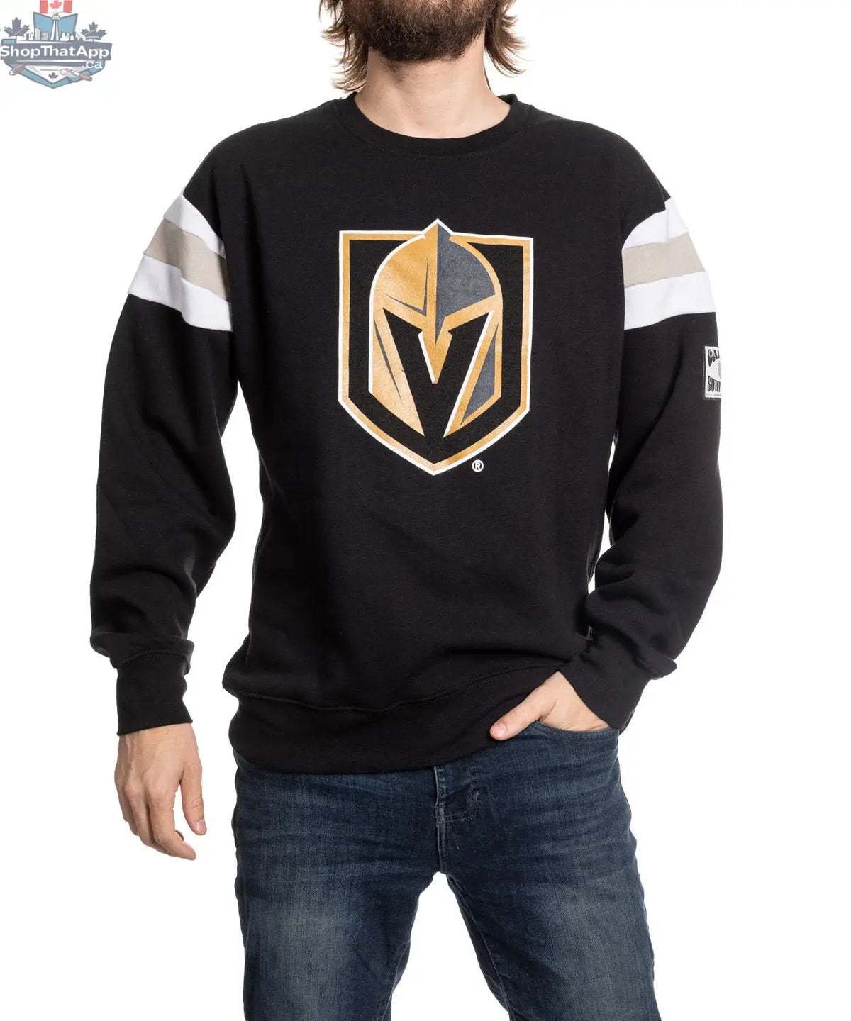 Calhoun Surf N' Skate Vegas Golden Knights crewneck sweater in retro varsity style, featuring team logo and classic design.