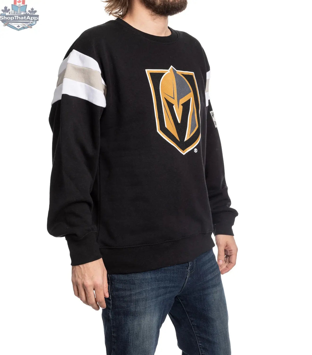 Side view of Calhoun Surf N' Skate Vegas Golden Knights retro varsity crewneck sweater showing navy and gold design.