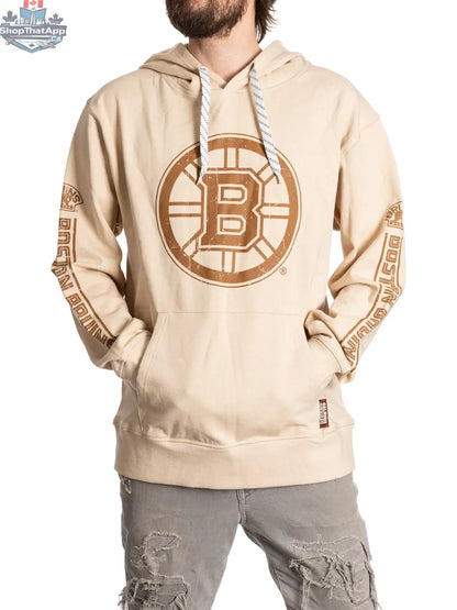 Calhoun Surf N' Skate Boston Bruins hoodie in oatmeal color with vintage style and classic logo, ideal for die-hard hockey fans.