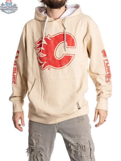 Calgary Flames vintage vibes hoodie in oatmeal color, featuring team logo, by Calhoun Surf N' Skate, perfect for true hockey fans
