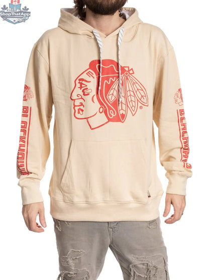 Chicago Blackhawks hoodie by Calhoun Surf N' Skate in oatmeal color, featuring team logo and comfortable hoodie design.