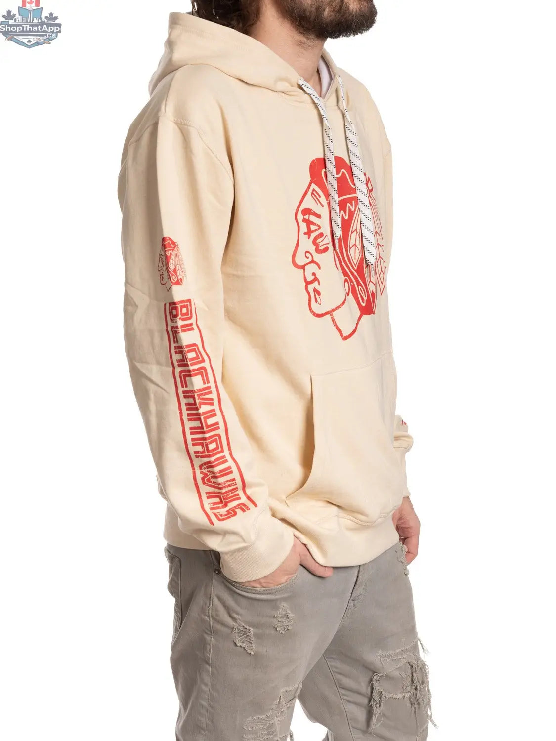 Chicago Blackhawks hoodie by Calhoun Surf N' Skate featuring team logo on oatmeal-colored fabric, casual sportswear style.