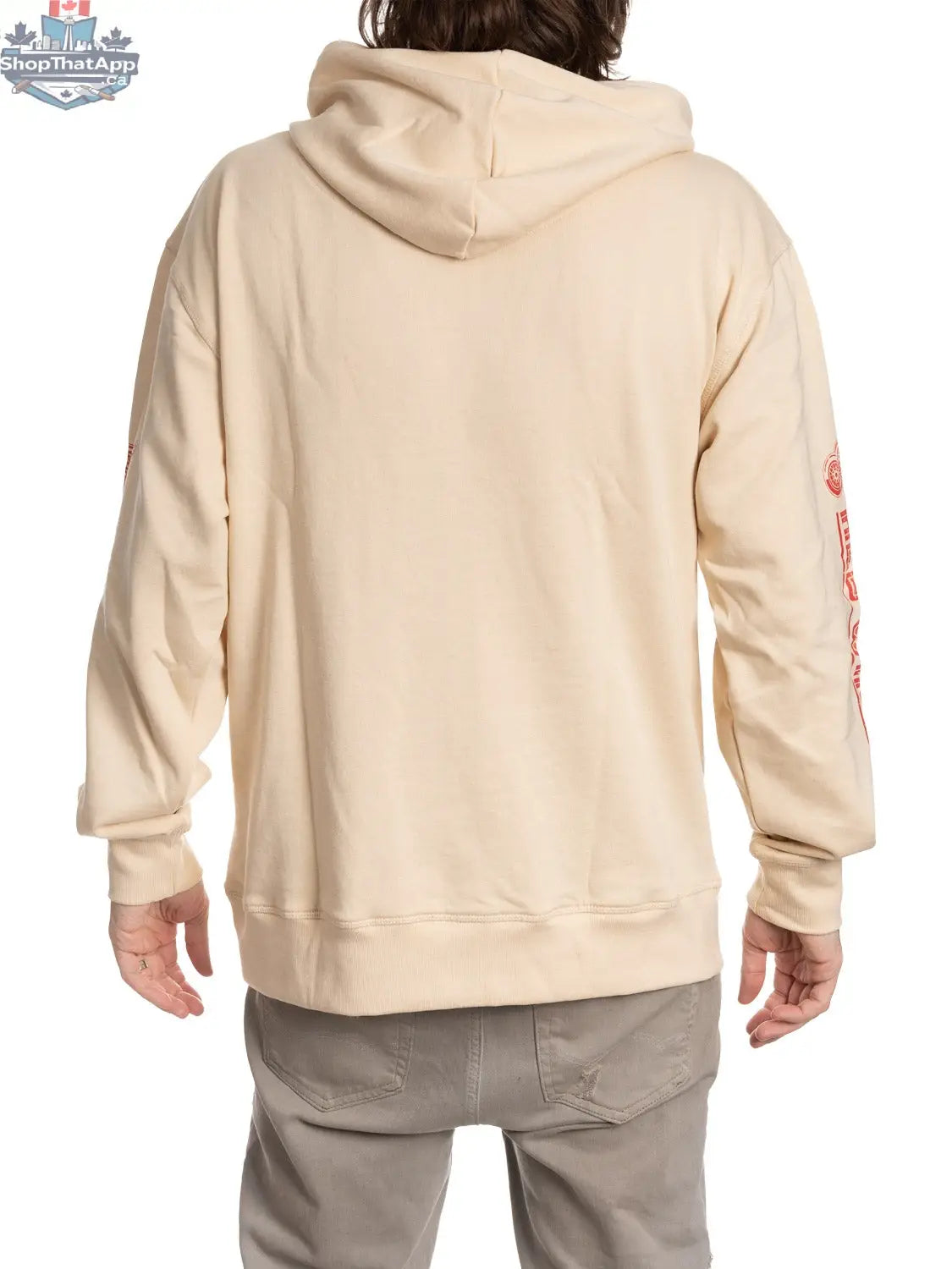 Red Detroit Red Wings hoodie by Calhoun Surf N' Skate showing team logo and hockey-inspired design on oatmeal-colored fabric.