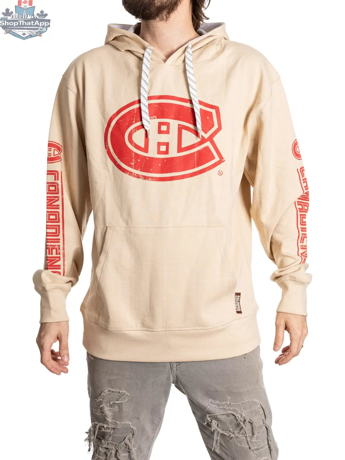 Oatmeal Montreal Canadiens hoodie by Calhoun Surf N' Skate featuring vintage Canadiens logo and classic sportswear style.