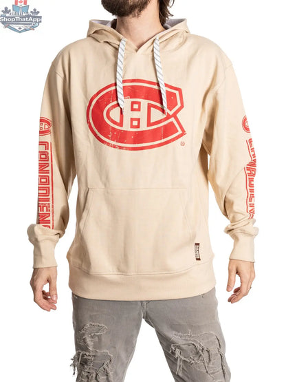 Oatmeal Montreal Canadiens hoodie by Calhoun Surf N' Skate featuring vintage Canadiens logo and classic sportswear style.