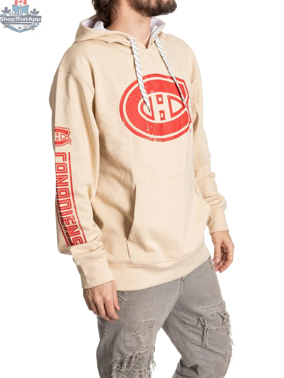 Montreal Canadiens hoodie by Calhoun Surf N' Skate showing front view in oatmeal color with vintage Canadiens logo design.