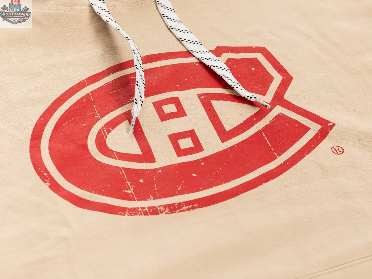 Calhoun Surf N' Skate Montreal Canadiens hoodie in oatmeal color with vintage-style logo and detailed fabric texture.
