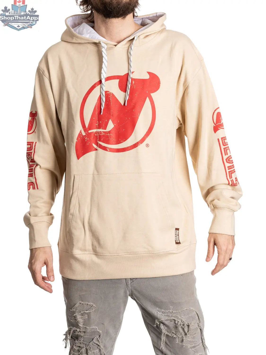 New Jersey Devils hoodie by Calhoun Surf N' Skate featuring team logo and comfortable oatmeal fabric, perfect for game day fans.