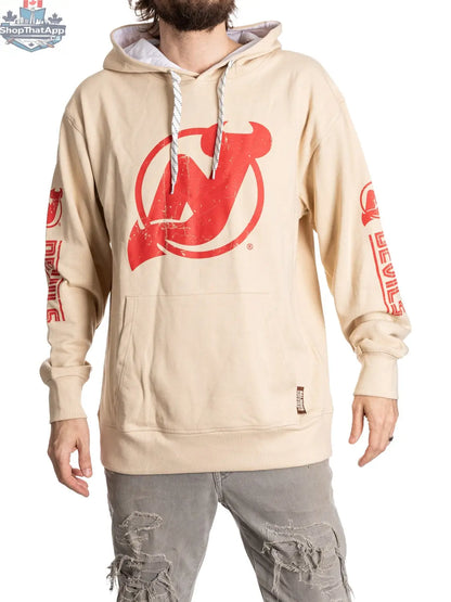 New Jersey Devils hoodie by Calhoun Surf N' Skate featuring team logo and comfortable oatmeal fabric, perfect for game day fans.