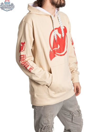 New Jersey Devils hoodie by Calhoun Surf N' Skate featuring team logo and oatmeal color, casual sportswear for game day.