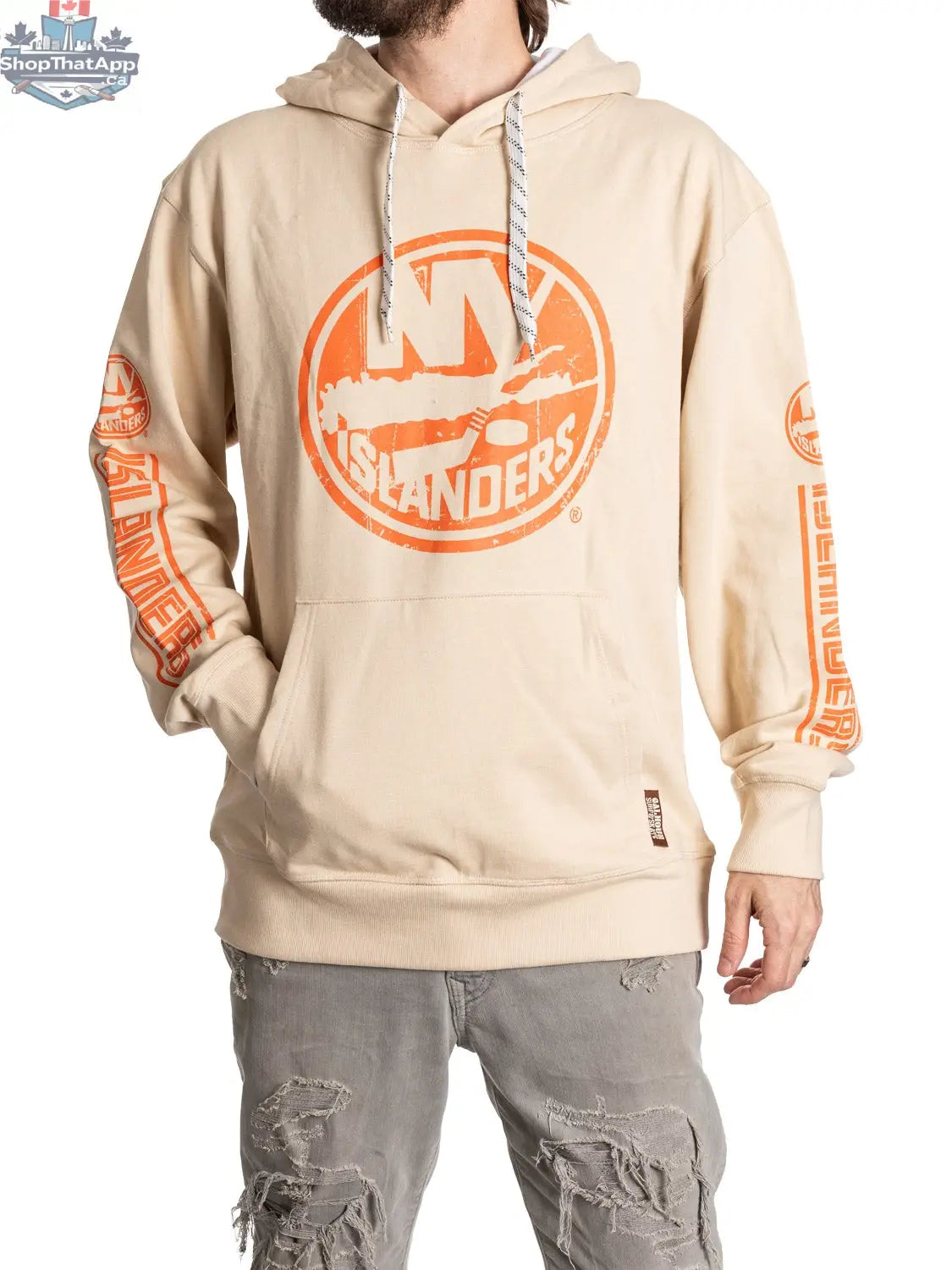 Oatmeal New York Islanders Vibes hoodie by Calhoun Surf N' Skate, featuring Islanders logo and fan-inspired design.
