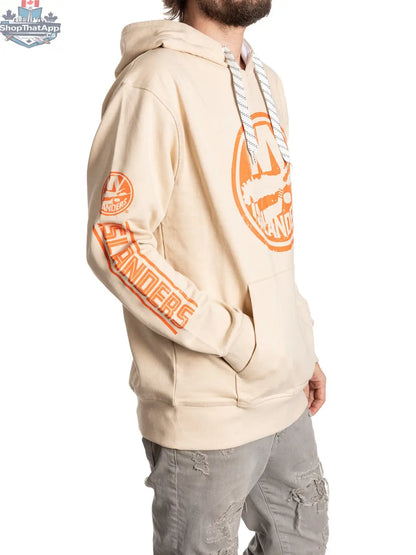 New York Islanders Vibes hoodie by Calhoun Surf N' Skate, oatmeal-colored hoodie with Islanders logo and team graphics.