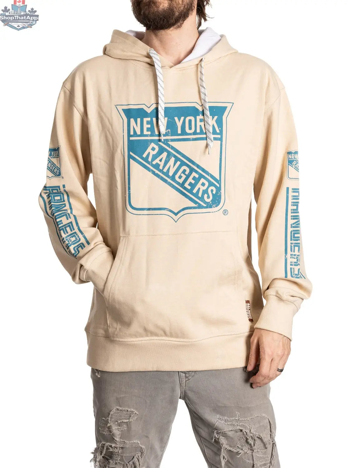 New York Rangers hoodie by Calhoun Surf N' Skate in oatmeal color, featuring team logo and comfortable fabric, casual sportswear.