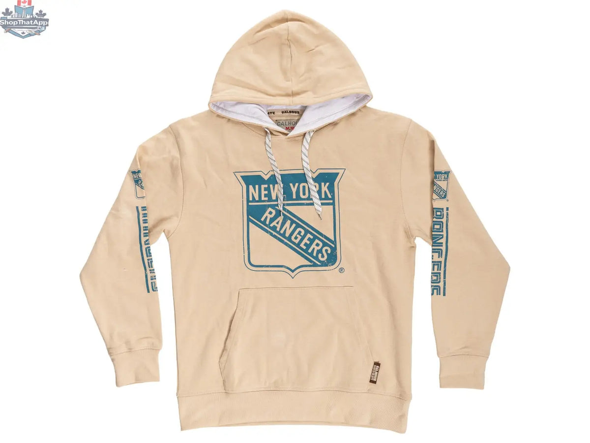 New York Rangers hoodie by Calhoun Surf N' Skate, showing an oatmeal-colored hoodie with Rangers logo and team graphics.