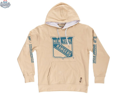 New York Rangers hoodie by Calhoun Surf N' Skate, showing an oatmeal-colored hoodie with Rangers logo and team graphics.