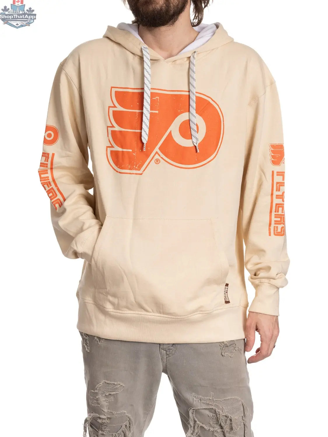 Philadelphia Flyers Vibes hoodie by Calhoun Surf N' Skate, oatmeal color, soft fabric with Flyers logo and design details.
