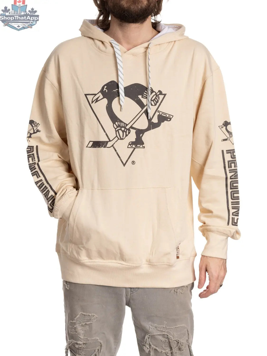 Calhoun Surf N' Skate Pittsburgh Penguins hoodie in oatmeal color, featuring team logo and comfortable hoodie design for fans.