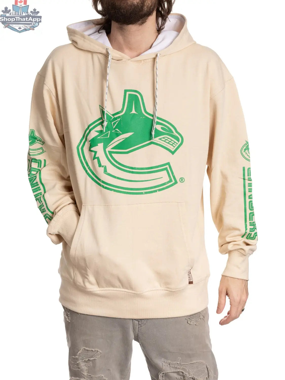 Vancouver Canucks vintage-style oatmeal hoodie by Calhoun Surf N' Skate, featuring team logo and casual fan apparel design.