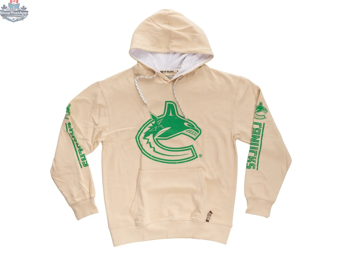 Vancouver Canucks oatmeal hoodie by Calhoun Surf N' Skate featuring vintage Vancouver Canucks logo and stylish fan design.