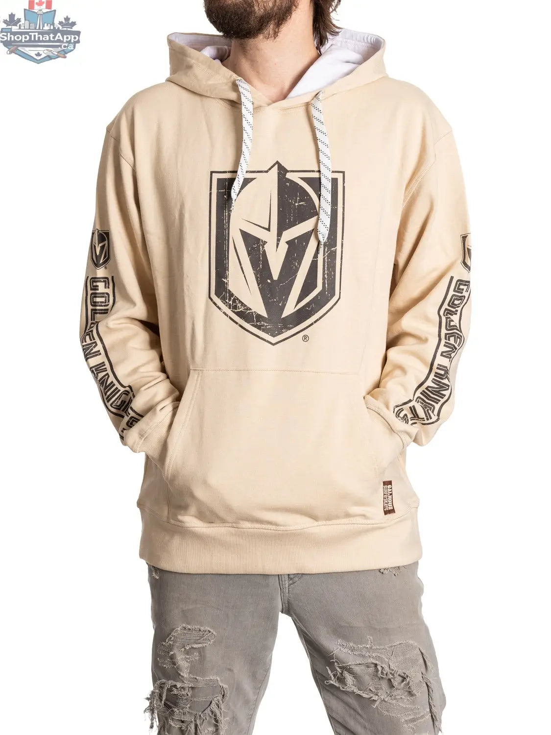 Vegas Golden Knights hoodie by Calhoun Surf N' Skate featuring team logo on an oatmeal-colored sweatshirt.