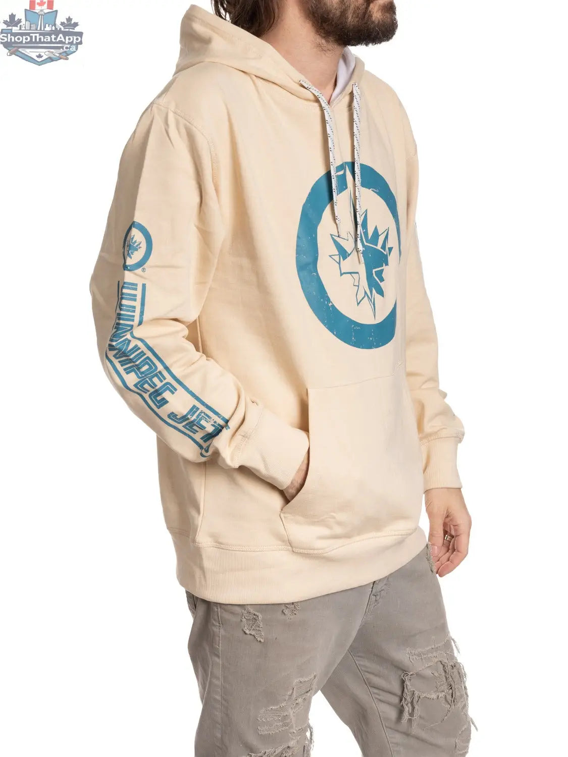 Winnipeg Jets hoodie in oatmeal color by Calhoun Surf N' Skate, featuring team logo and casual fit for ultimate fan vibes.