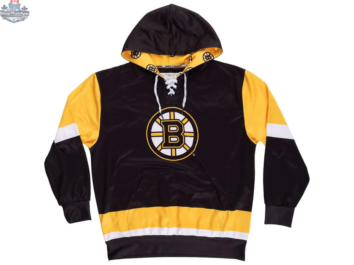 Boston Bruins hoodie by Calhoun Surf N' Skate with lace design, featuring team logo and comfortable fabric.
