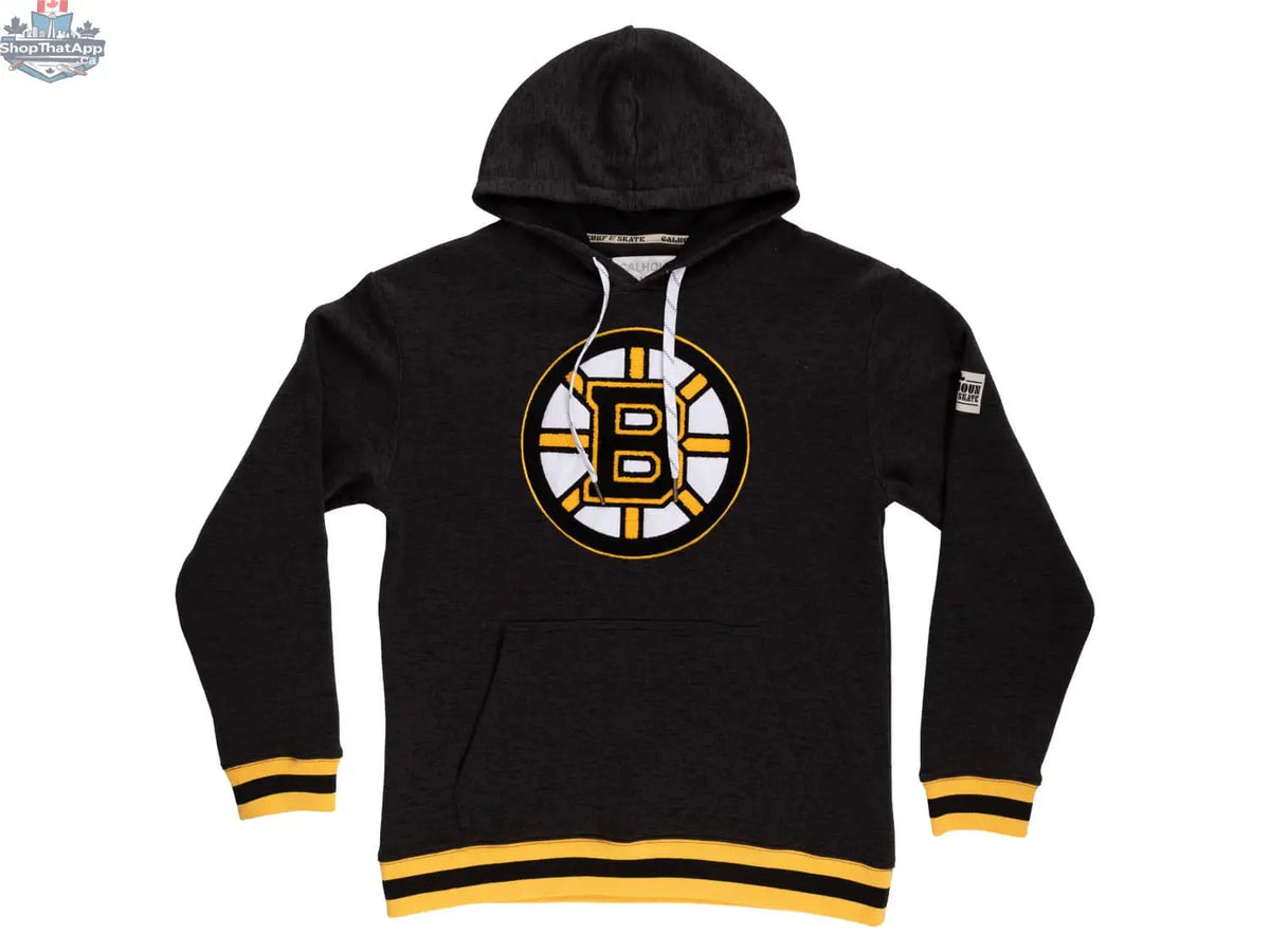 Black Boston Bruins hoodie by Calhoun Surf N' Skate with team logo, laid flat showing front design and soft fabric texture.