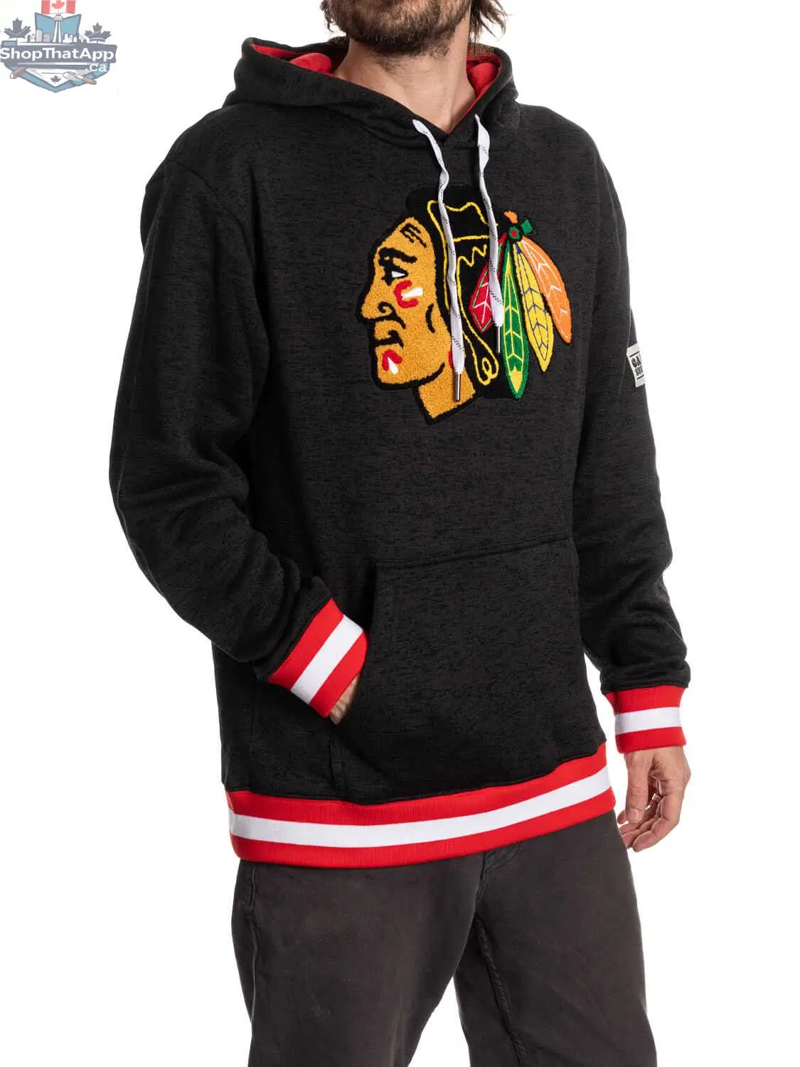 Black Chicago Blackhawks hoodie from Calhoun Surf N' Skate's Muskoka Collection, shown from the side in black color.