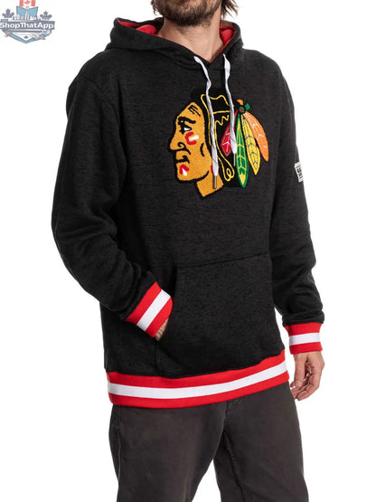 Black Chicago Blackhawks hoodie from Calhoun Surf N' Skate's Muskoka Collection, shown from the side in black color.
