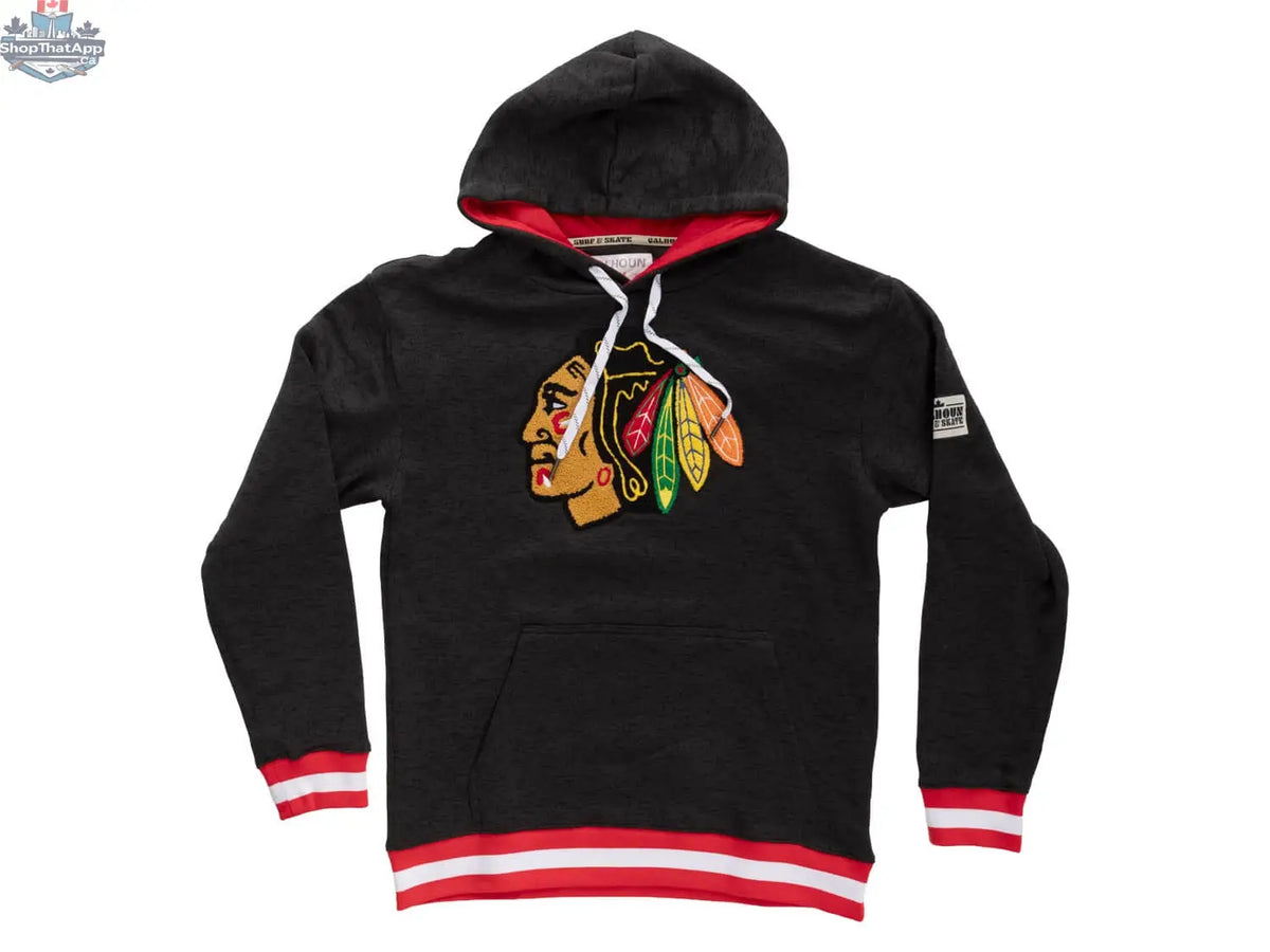 Black Chicago Blackhawks hoodie from Calhoun Surf N' Skate's Muskoka Collection, featuring team logo and black fabric.