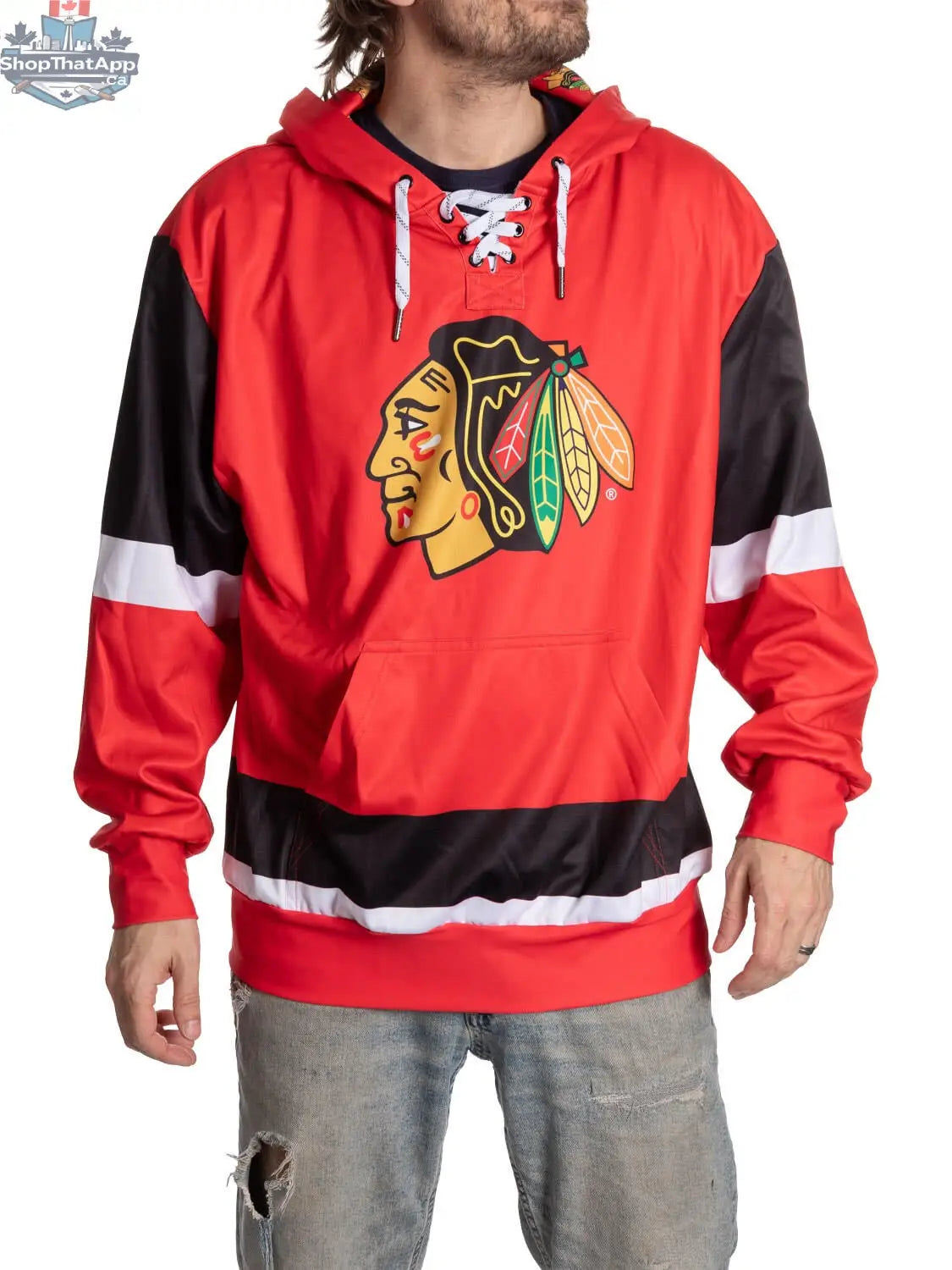 Black Chicago Blackhawks hoodie with lace design by Calhoun Surf N' Skate, featuring sublimation graphics on the front.