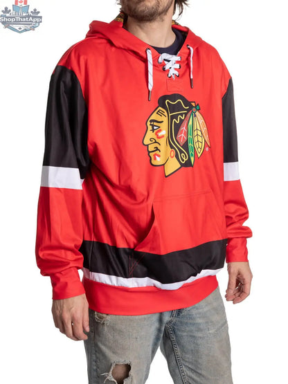 Black Chicago Blackhawks hoodie with lace design, featuring team logo, from Calhoun Surf N' Skate. Casual fan apparel.