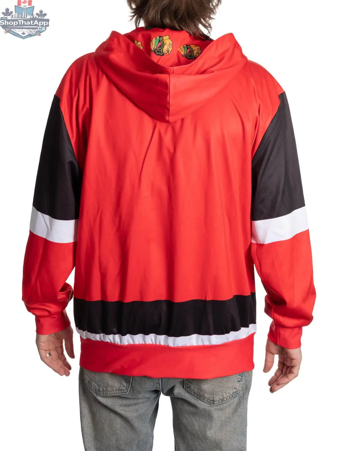 Black Chicago Blackhawks hoodie with lace design by Calhoun Surf N' Skate, showing the back view with team logo and detailed lace accents.