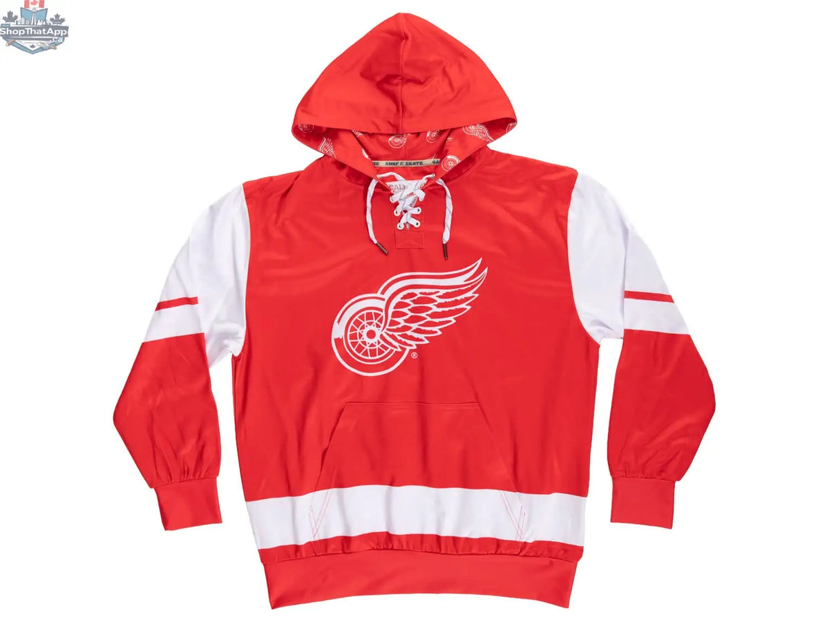 Red Detroit Red Wings hoodie with lace design by Calhoun Surf N' Skate, featuring sublimation print and front pouch pocket.