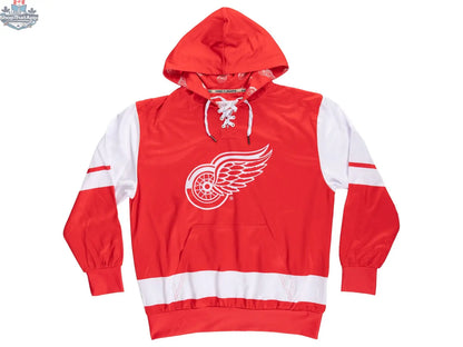 Red Detroit Red Wings hoodie with lace design by Calhoun Surf N' Skate, featuring sublimation print and front pouch pocket.