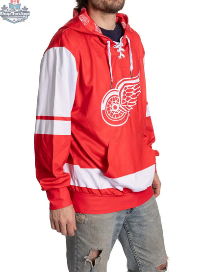 Red Detroit Red Wings hoodie with lace design, by Calhoun Surf N' Skate, showing side view with team logo and vibrant red color.
