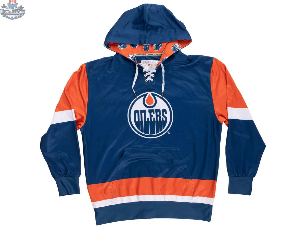 Calhoun Surf N' Skate Edmonton Oilers hoodie featuring lace design, cozy fabric, and team logo for passionate hockey fans.