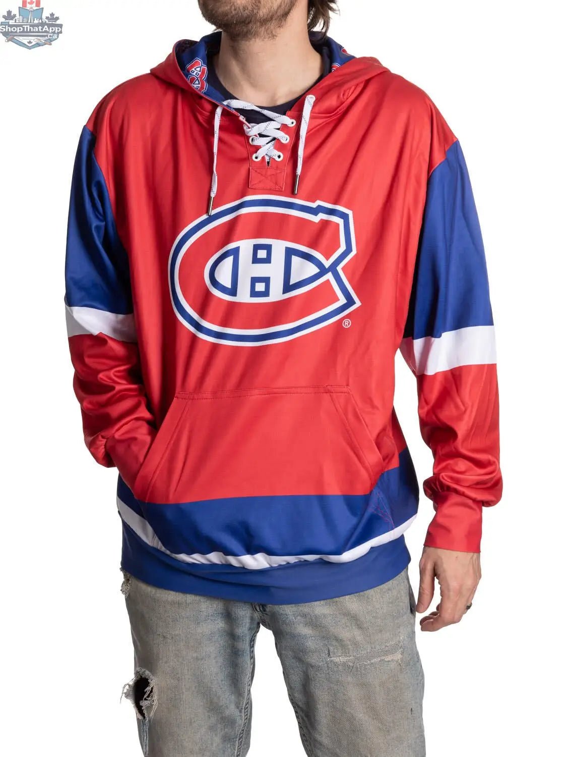Montreal Canadiens hoodie by Calhoun Surf N' Skate featuring lace-style design and team logo on the front, casual and comfortable fit.