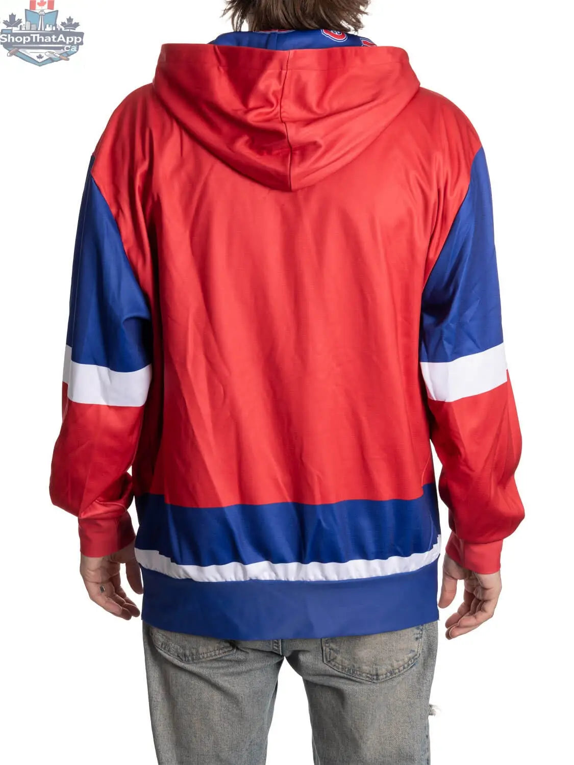 Montreal Canadiens hoodie by Calhoun Surf N' Skate featuring sublimation print, lace-style details, and comfortable fit displayed from the back.