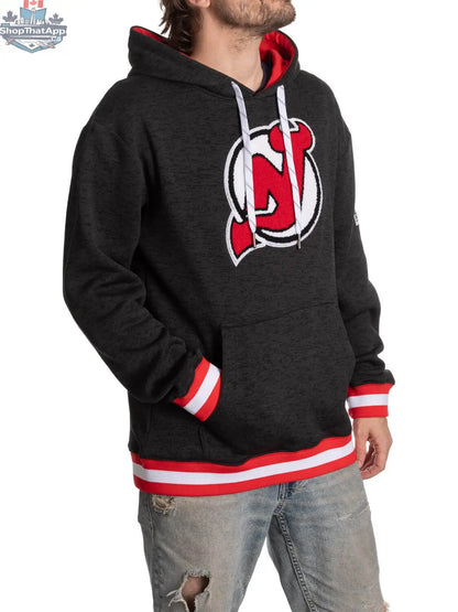 Black New Jersey Devils hoodie with Muskoka design, featuring team logo and cozy fabric, by Calhoun Surf N' Skate.