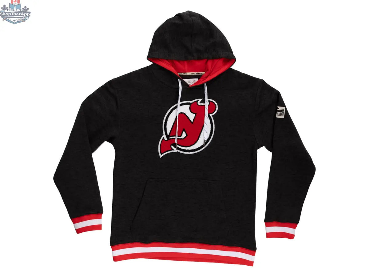 Black New Jersey Devils hoodie with Muskoka design by Calhoun Surf N' Skate, featuring team logo and detailed graphics.